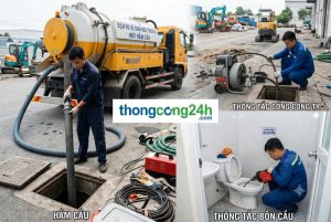Thợ đang thi công thông bồn cầu tại Trảng Bàng