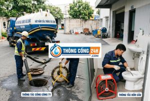 Thợ đang thi công thông cống nghẹt tại Dương Minh Châu