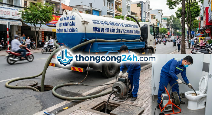 Xe đang thi công hút hầm vệ sinh tại Bình Dương