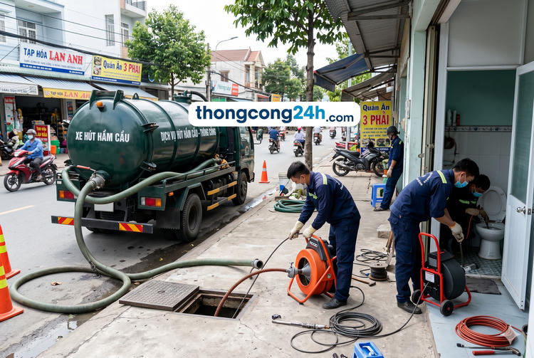 Xe hút hầm cầu tại Dương Minh Châu đang thi công